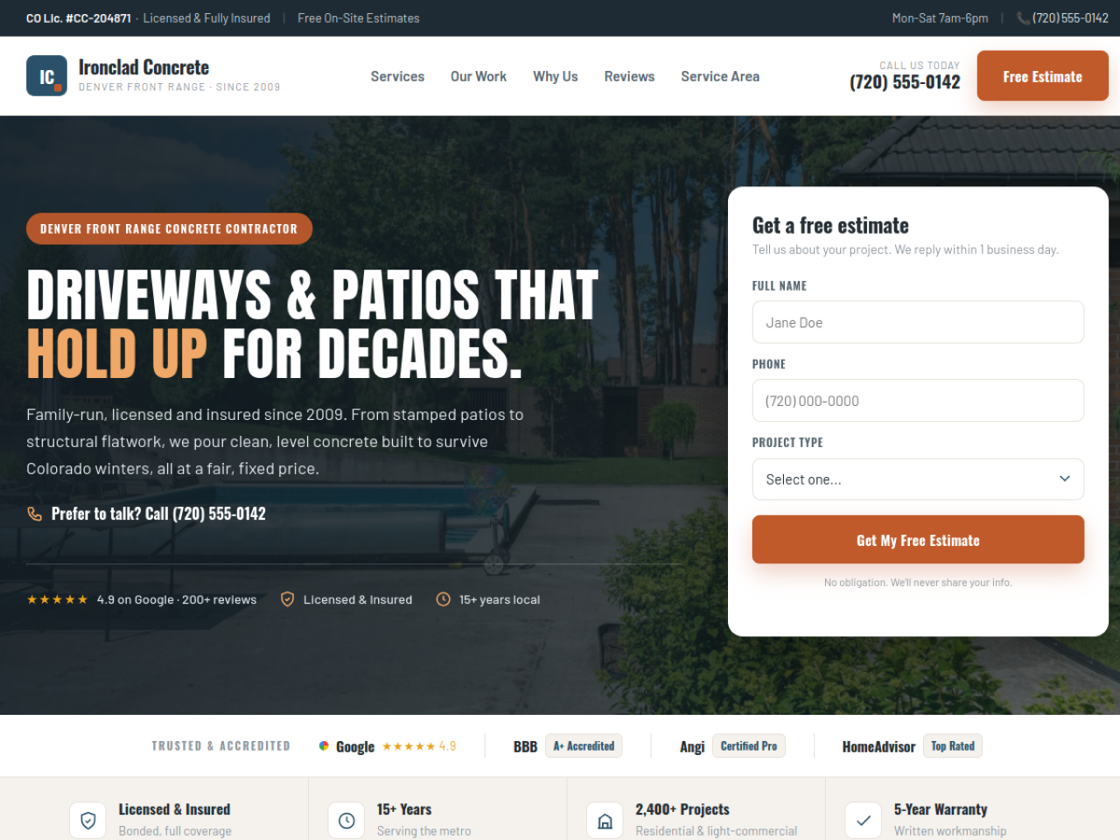 Ironclad Concrete contractor website